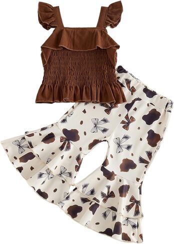 Rtnnsbbfcm Toddler Baby Girl Western Outfit Fly Sleeve Smocked Tops + Cow Print Flare Pants Set Summer Clothes in Kuwait