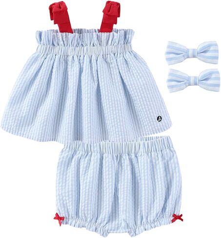 Sperry Baby Girls Seersucker Woven Shirt with Shorts and Hairclips 3 Piece Outfit Set for Infant to Toddler in Kuwait
