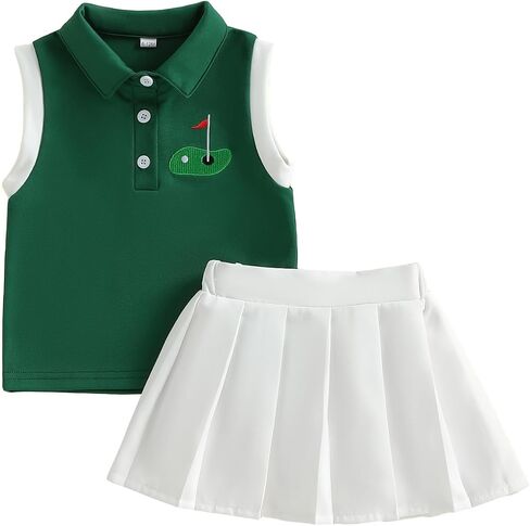Baby Girl Golf Outfit Sleeveless Collared Golf Embroidery Tank Top Shirt Pleated Mini Skirts Set Cute Summer Clothes in Kuwait