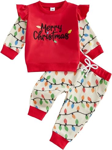 Toddler Baby Girl Christmas Outfits Merry Christmas Embroidery String Lights Long Sleeve Sweatshirt + Pants 2Pcs Set in Kuwait