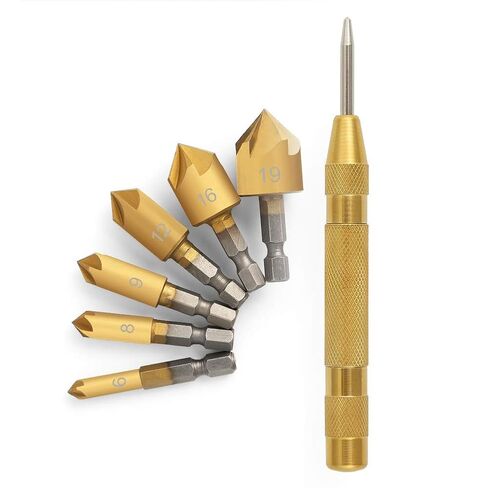 COMOWARE Countersink Drill Bit Set- 7 Pcs Counter Sinker Drill Bits for Wood, Quick Change, 1/4'' Hex Shank, High Speed Steel, 5 Flute 90 Degree Center Punch Tool, 1/4''-3/4'' in Kuwait