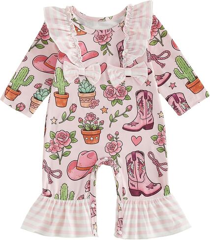 Baby Girl Cowgirl Outfit Hat Boots Print Romper Western Jumpsuit | Western Baby Girl Clothes, Long Sleeve Ruffle Romper, Bell Bottom Jumpsuit, Infant Cowgirl Outfit, Fall Winter Clothes in Kuwait
