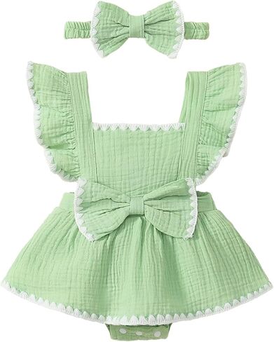 Newborn Baby Girl Summer Cotton Linen Ruffle Sleeve Romper Dress | Cute Ruffle Romper Dress with Bow And Headband. Great Infant Baby Girl Summer Clothes Bodysuit for Daily Wear or Photoshoot. in Kuwait