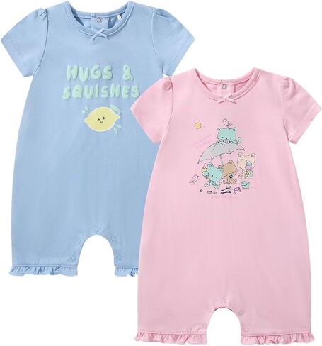 TRND O&X Baby Girl 2-Pack Cotton Rompers, Puff Sleeve Ruffle Hem Summer Outfits in Kuwait