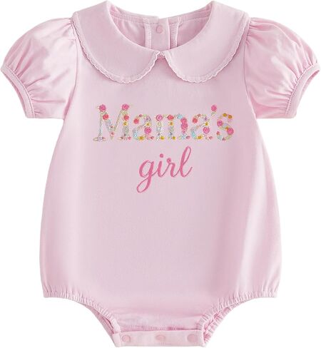 Baby Girl Clothes Mamas/Daddys Girl Floral Embroidered Bubble Romper Peter Pan Collar Puff Sleeve Bodysuit in Kuwait