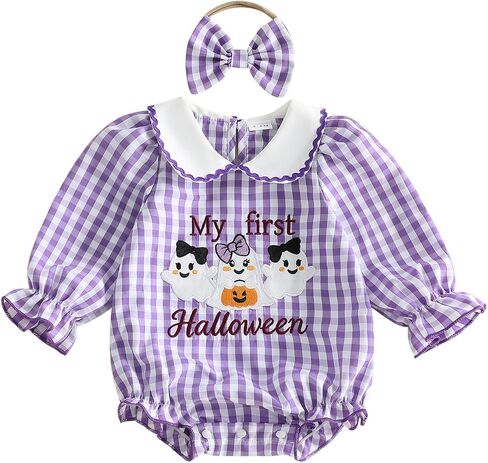 Afunbaby Halloween Newborn Baby Girl Outfit Pumpkin Ghost Plaid Fall Romper | Pumpkin/Ghost/BOO Embroidery Smocked Bodysuit Peter Pan Collared Puff Sleeve Bow Plaid Jumpsuit Fall Cute Infant Clothes in Kuwait