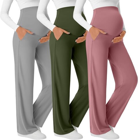 3 Pack Women's Maternity Yoga Pants | Maternity Yoga Pants, Over The Belly, Wide Leg, Stretchy, Lightweight, Lounge, Pregnancy Trousers, Stretchy, Soft in Kuwait