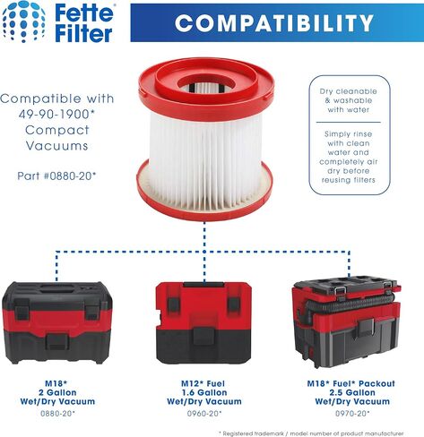 Fette Filter- 4 HEPA Wet Dry Vacuum Filter Compatible with Milwaukee 49-90-1900 for Gallon Wet/Dry Vacuum M18 2 Gallon (0880-20), M12 FUEL 1.6 Gallon (0960-20), M18 FUEL PACKOUT (0970-20). 4 Pack in Kuwait