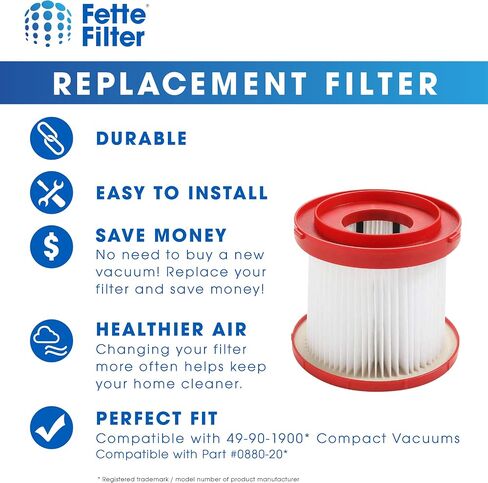 Fette Filter- 4 HEPA Wet Dry Vacuum Filter Compatible with Milwaukee 49-90-1900 for Gallon Wet/Dry Vacuum M18 2 Gallon (0880-20), M12 FUEL 1.6 Gallon (0960-20), M18 FUEL PACKOUT (0970-20). 4 Pack in Kuwait