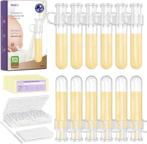 Nuliie 6pcs Colostrum Collector Kit, 7ml, Leakproof, Reusable, BPA-Free | Breast Milk Collector, Heat & Freezer Resistant, Cotton Cloth Wipe, Storage Case, Cleaning Brush, Ready-to-Use for Newborns in Kuwait