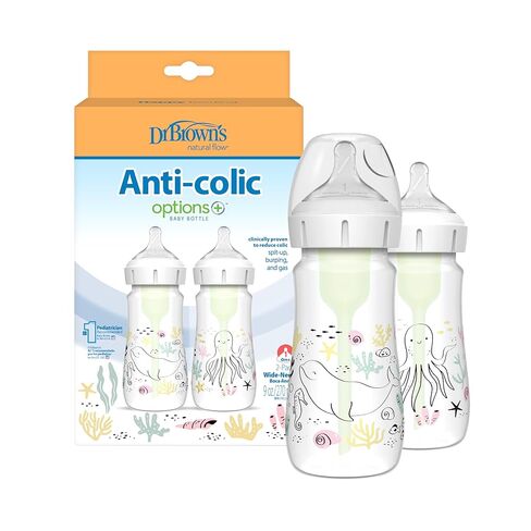 Dr. Brown's Anti-Colic Options+ Wide-Neck Baby Bottle Designer Edition Bottles, Ocean Decos, 9 oz/270 mL, Level 1 Nipple, 0m+, 2-Pack in Kuwait