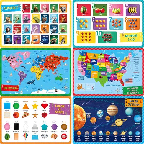 6 Pack Placemats for Kids, Non-Slip Washable, Reusable Universe, Periodic Table, US President, Human Body, Map of USA & World Educational Placemats for Home, Kindergarten, Classroom, Nursery in Kuwait