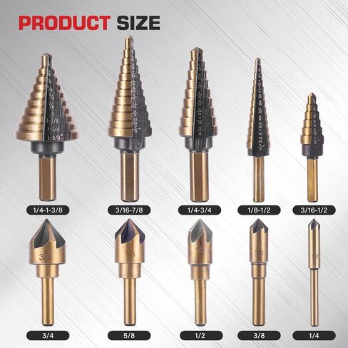 5Pcs Step Drill Bit & 5Pcs Countersink Drill Bit Set | Titanium Coated, 50 Sizes for Metal with Aluminum Case, Multiple Hole Stepped Up Bits for DIY in Kuwait