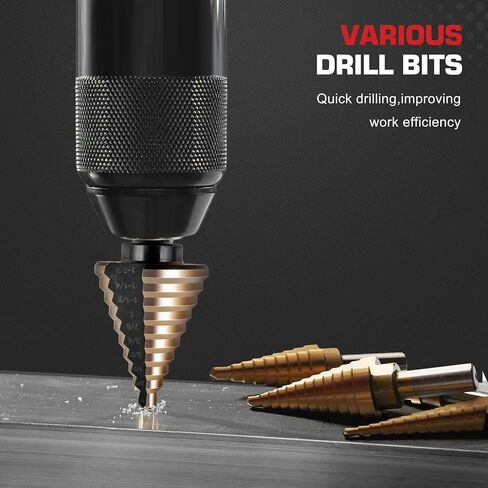 5Pcs Step Drill Bit & 5Pcs Countersink Drill Bit Set | Titanium Coated, 50 Sizes for Metal with Aluminum Case, Multiple Hole Stepped Up Bits for DIY in Kuwait
