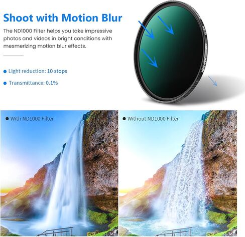 NEEWER 58mm ND Filter ND1000 10 Stops Neutral Density Filter Multi Layer Nano Coated/HD Optical Glass/Water Repellent/Scratch Resistant/Ultra Slim Black Matte Aluminum Alloy Frame for Long Exposure in Kuwait