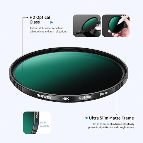 NEEWER 58mm ND Filter ND1000 10 Stops Neutral Density Filter Multi Layer Nano Coated/HD Optical Glass/Water Repellent/Scratch Resistant/Ultra Slim Black Matte Aluminum Alloy Frame for Long Exposure in Kuwait