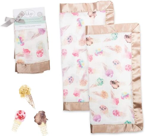 Lulujo Security Lovey Blankets | Unisex Softest Breathable Cotton Muslin Security Blanket Set with Silky Satin Trim | Neutral Comforting Blanket for Girls & Boys | 16in x 16 in | Bunnies in Kuwait