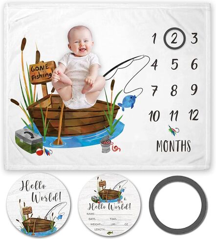 Yuzioey Gone Fishing Baby Milestone Blanket with Birth Stat Sign (50"x40") | Gone Fishing Growth Chart Monthly Blanket, Watch Me Grow Boat Baby Nursery for New Moms Shower in Kuwait