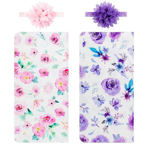 R HORSE 2 Pack Newborn Baby Swaddle Blankets Headband Sets | Pink Purple Floral Pattern Receiving Blanket, Matching Headband, Baby Shower Birthday Newborn Gift ( 0-3 Months) in Kuwait