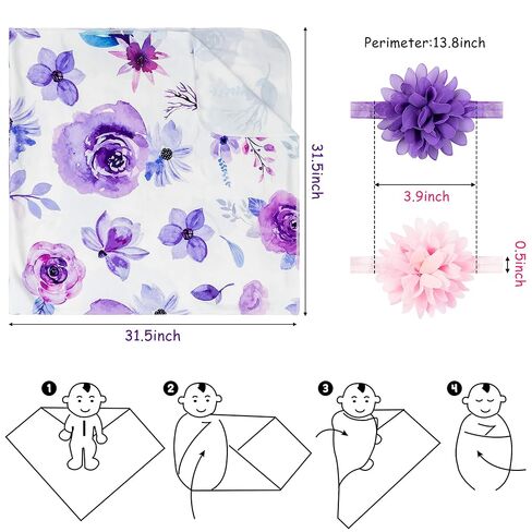 R HORSE 2 Pack Newborn Baby Swaddle Blankets Headband Sets | Pink Purple Floral Pattern Receiving Blanket, Matching Headband, Baby Shower Birthday Newborn Gift ( 0-3 Months) in Kuwait