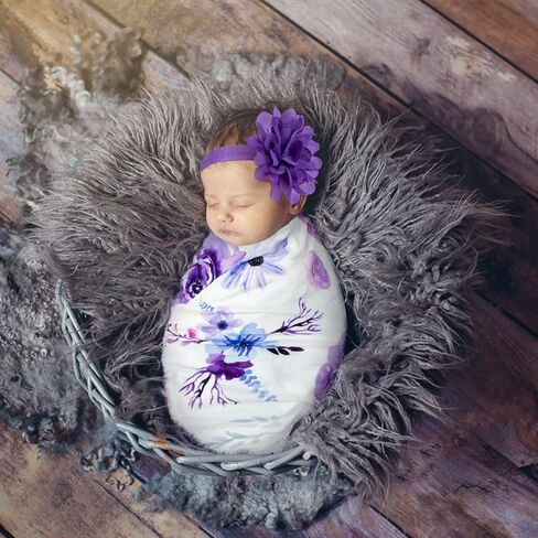 R HORSE 2 Pack Newborn Baby Swaddle Blankets Headband Sets | Pink Purple Floral Pattern Receiving Blanket, Matching Headband, Baby Shower Birthday Newborn Gift ( 0-3 Months) in Kuwait