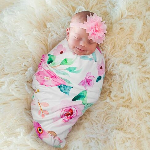 R HORSE 2 Pack Newborn Baby Swaddle Blankets Headband Sets | Pink Purple Floral Pattern Receiving Blanket, Matching Headband, Baby Shower Birthday Newborn Gift ( 0-3 Months) in Kuwait