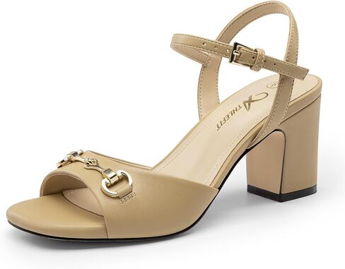 Athlefit Chunky Block Heels for Women Open Toe Ankle Strap Heeled Sandals | PU Leather Upper, 2-Inch Block Heel, Metal Chain Detail, Cushioned Footbed, TPR Outsole, Dress, Wedding, Party, Prom, Evening in Kuwait