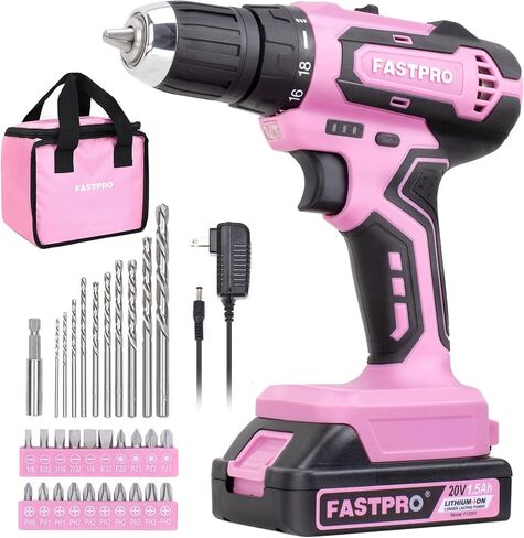 FASTPRO 20V Pink Drill Set, 3/8 in. Cordless Drill Driver Kit with 1.5 Ah Battery, Charger and Tool Bag in Kuwait