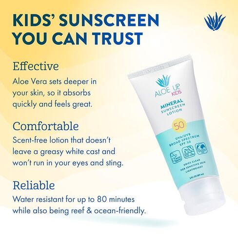 Aloe Up Kids Mineral Sunscreen Lotion SPF 50, Zinc Oxide, 3 oz | Broad-spectrum mineral SPF 50; Gen2 zinc oxide, dries clear;, gentle for kids; Water resistant in Kuwait