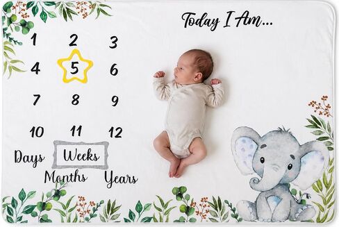 Baby Milestone Blanket, 60" x 40", Monthly Baby Photo Prop for Girls & Boys, First Year Growth Tracker, Includes Bib & Milestone Markers, (Light Gray Elephant) in Saudi Arabia