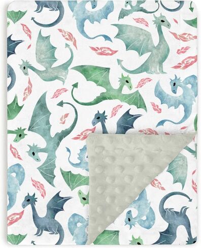 Blue Green Baby Blankets for Boys 30" x 40", Soft Double Layer Minky Blanket with Dotted Fleece Back, Nursery Bed Receiving Quilt Newborn Infant Toddler Shower Gift Whimsical Dragons Theme in Kuwait