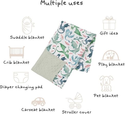 Blue Green Baby Blankets for Boys 30" x 40", Soft Double Layer Minky Blanket with Dotted Fleece Back, Nursery Bed Receiving Quilt Newborn Infant Toddler Shower Gift Whimsical Dragons Theme in Kuwait