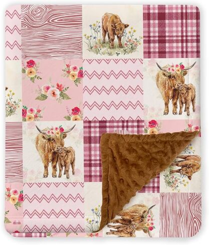 Highland Cow Baby Blanket for Girls, Western Minky Blankets for Daughters, Nursery Room Decor, Pink Soft Warm Lightweight Nursery Bed Blanket for Newborn Toddlers, Double Layer with Dotted Backing in Kuwait