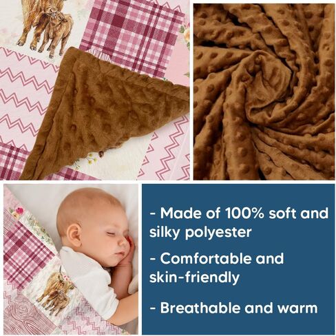 Highland Cow Baby Blanket for Girls, Western Minky Blankets for Daughters, Nursery Room Decor, Pink Soft Warm Lightweight Nursery Bed Blanket for Newborn Toddlers, Double Layer with Dotted Backing in Kuwait