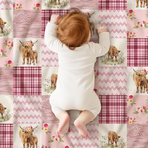 Highland Cow Baby Blanket for Girls, Western Minky Blankets for Daughters, Nursery Room Decor, Pink Soft Warm Lightweight Nursery Bed Blanket for Newborn Toddlers, Double Layer with Dotted Backing in Kuwait
