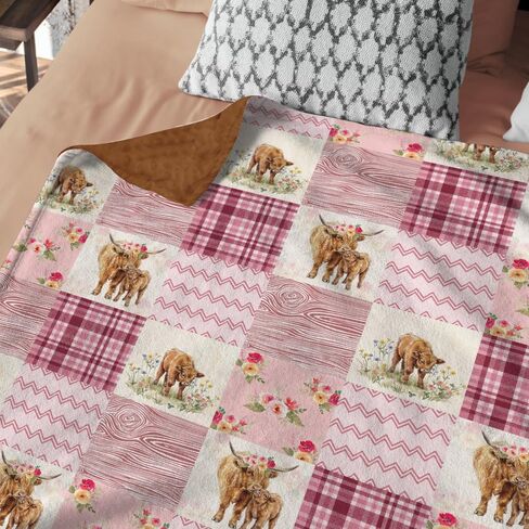 Highland Cow Baby Blanket for Girls, Western Minky Blankets for Daughters, Nursery Room Decor, Pink Soft Warm Lightweight Nursery Bed Blanket for Newborn Toddlers, Double Layer with Dotted Backing in Kuwait