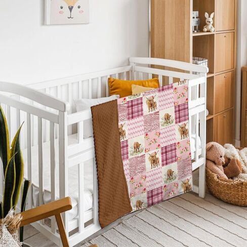 Highland Cow Baby Blanket for Girls, Western Minky Blankets for Daughters, Nursery Room Decor, Pink Soft Warm Lightweight Nursery Bed Blanket for Newborn Toddlers, Double Layer with Dotted Backing in Kuwait
