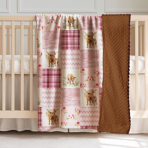 Highland Cow Baby Blanket for Girls, Western Minky Blankets for Daughters, Nursery Room Decor, Pink Soft Warm Lightweight Nursery Bed Blanket for Newborn Toddlers, Double Layer with Dotted Backing in Kuwait