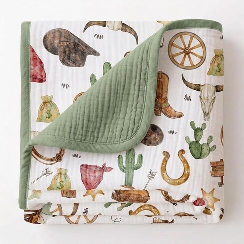 Western Muslin Baby Blankets for Boys Girls, 100% Cotton Crib Blanket for Infant Toddler, 40"x36" Super Soft Lightweight Nursery Swaddling Wrap, Reversible & Breathable Bedding Blankets Cowboy Theme in Kuwait