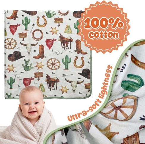 Western Muslin Baby Blankets for Boys Girls, 100% Cotton Crib Blanket for Infant Toddler, 40"x36" Super Soft Lightweight Nursery Swaddling Wrap, Reversible & Breathable Bedding Blankets Cowboy Theme in Kuwait