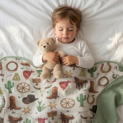 Western Muslin Baby Blankets for Boys Girls, 100% Cotton Crib Blanket for Infant Toddler, 40"x36" Super Soft Lightweight Nursery Swaddling Wrap, Reversible & Breathable Bedding Blankets Cowboy Theme in Kuwait