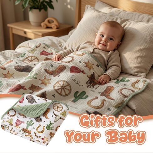 Western Muslin Baby Blankets for Boys Girls, 100% Cotton Crib Blanket for Infant Toddler, 40"x36" Super Soft Lightweight Nursery Swaddling Wrap, Reversible & Breathable Bedding Blankets Cowboy Theme in Kuwait