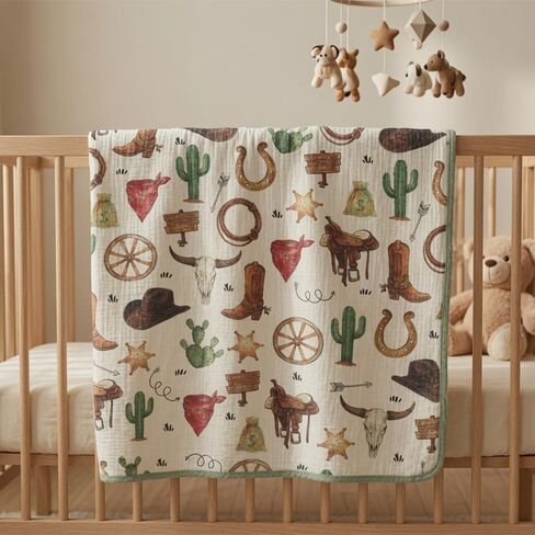 Western Muslin Baby Blankets for Boys Girls, 100% Cotton Crib Blanket for Infant Toddler, 40"x36" Super Soft Lightweight Nursery Swaddling Wrap, Reversible & Breathable Bedding Blankets Cowboy Theme in Kuwait