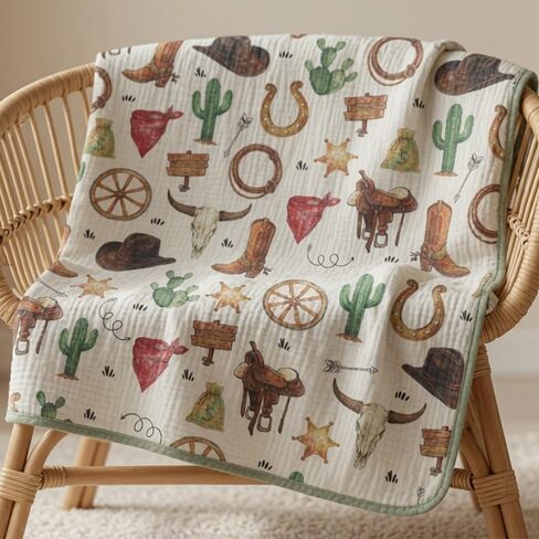 Western Muslin Baby Blankets for Boys Girls, 100% Cotton Crib Blanket for Infant Toddler, 40"x36" Super Soft Lightweight Nursery Swaddling Wrap, Reversible & Breathable Bedding Blankets Cowboy Theme in Kuwait