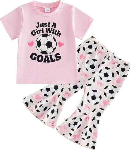 KMBANGI Baby Girl Soccer Outfit Short Sleeve Just a Girl with Goals T-Shirt Soccer Bows Flare Pants Toddler Game Day Clothes in Kuwait