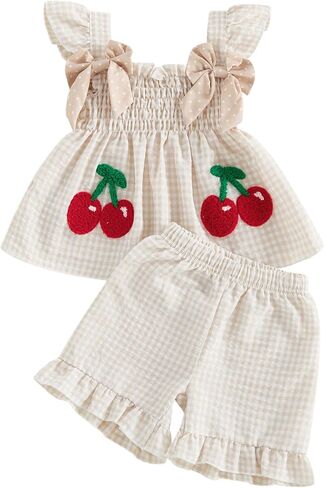 Baby Girl Summer Clothes Toddler Cute Cherry Outfits Bow Plaid Sleeveless Vest Tops Dress Shorts Set 2Pcs in Kuwait