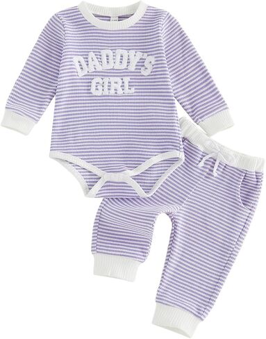 Daddy’s Girl Baby Outfits Newborn Girl Clothes Fall Winter Waffle Knit Stripe Long Sleeve Romper Top Pants Set in Kuwait