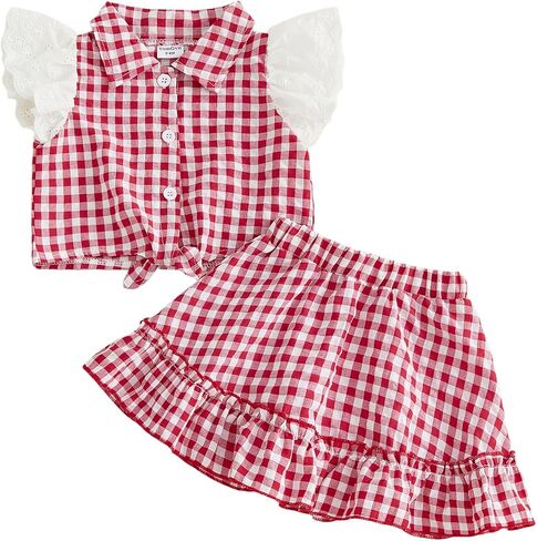 Toddler Girl Plaid Outfits Ruffle Sleeveless Lapel Button Shirt Tops A-line Skirt 2Pcs Baby Summer Clothes Set in Kuwait