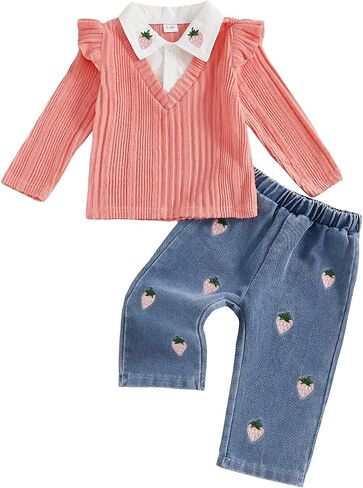 FYBITBO Toddler Baby Girl Clothes Fall Winter Outfit Long Sleeve Sweater Button Down Shirt Jeans Pants Set in Kuwait