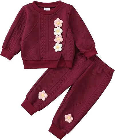 Mioglrie Toddler Baby Girl Clothes Infant Fall Winter Outfits Pant Set | 3-24 Months，Long Sleeve Sweatshirt，3D Knitted Floral，Elastic，Slit Hem，Crew Neck，Daily Wear，Birthday，Festival，Baby Gifts in Kuwait